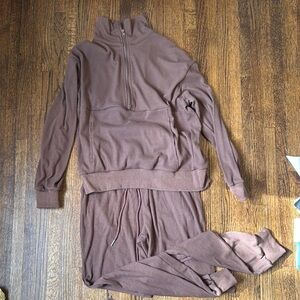 Brown Ribbed Half-Zip Lounge Set